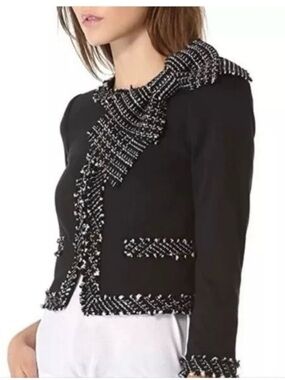 Alice + Olivia Black Wendy Cropped Jacket with Contrast Tweed Trim Size Small